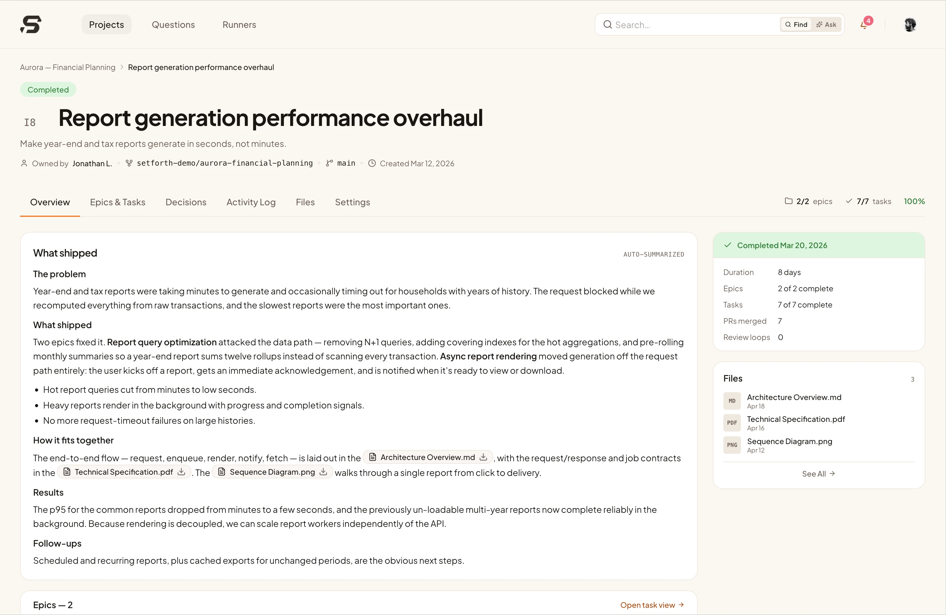 SetForth initiative overview: auto-summarized record of what shipped