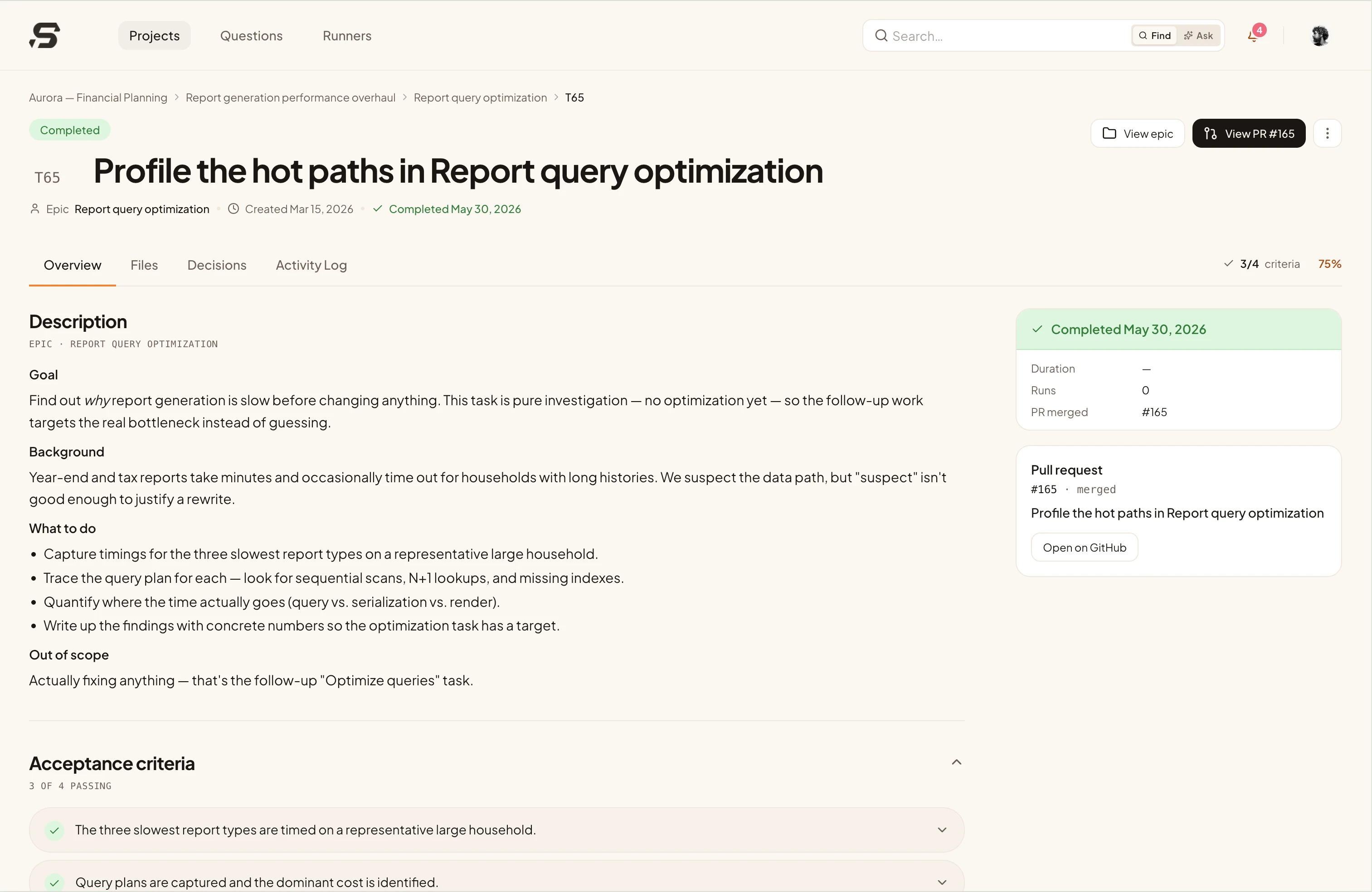 SetForth task detail: agent work, PR and decision trail